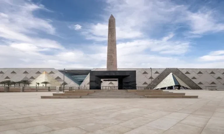 The hanging obelisk at the Grand Egyptian Museum entrance, a modern landmark for Cairo Museums 2026 visitors.