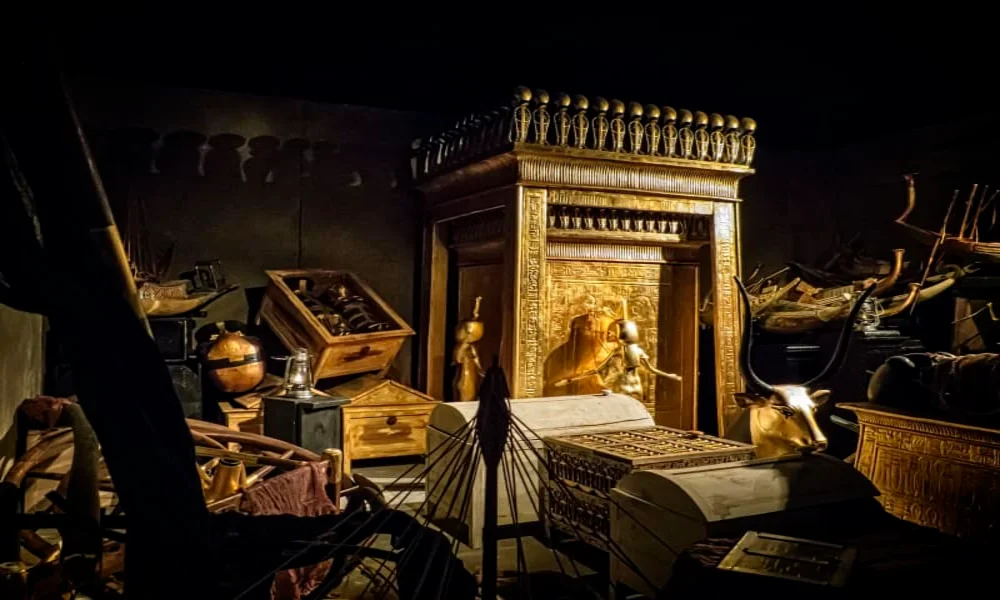 Golden Tutankhamun treasures and royal sarcophagi displayed in the Grand Egyptian Museum Must See gallery for ancient history fans.